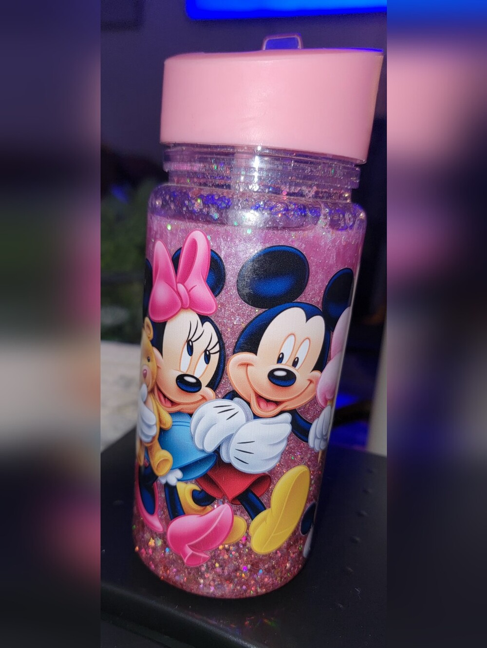 Minnie & Mickey Pink Glitter Plastic Tumbler